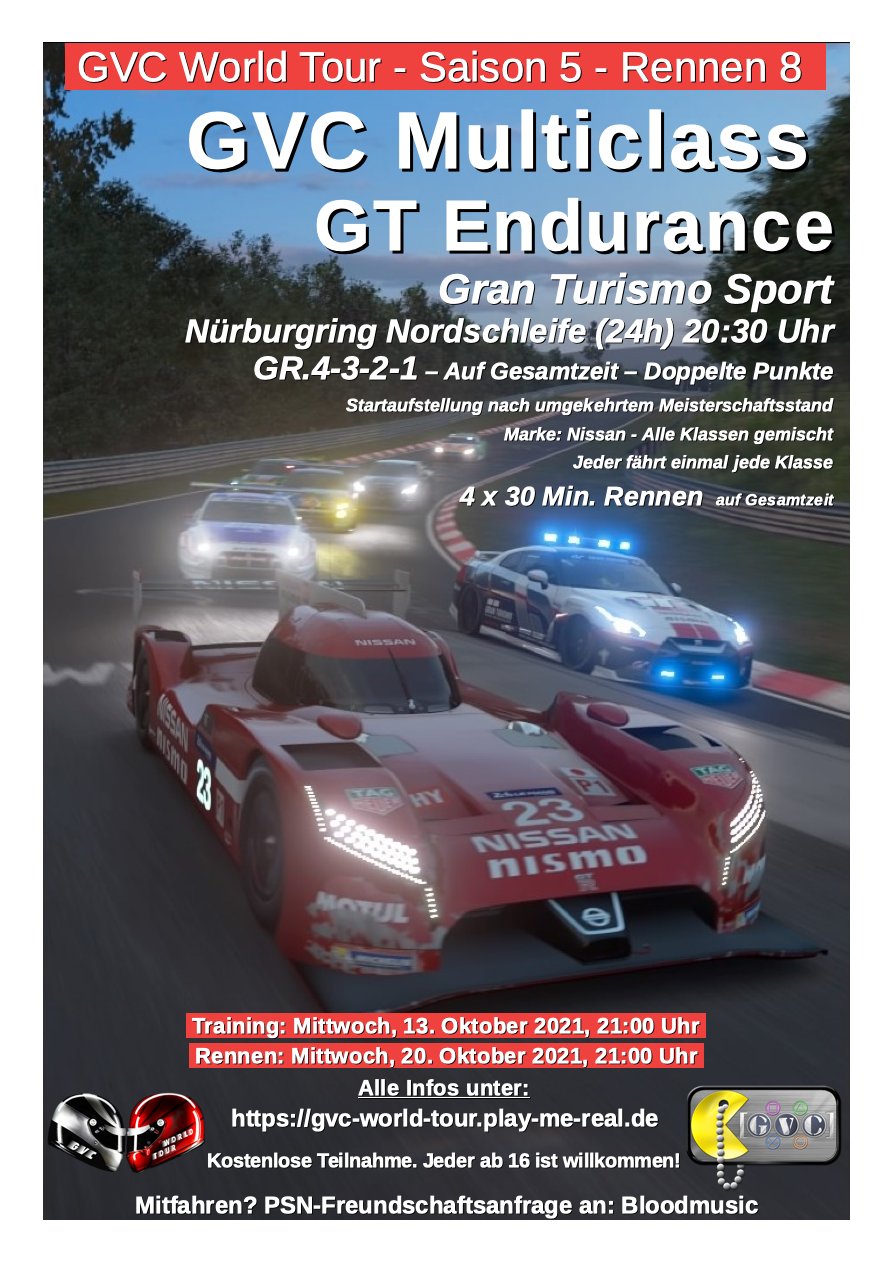 Saison 5 - Rennen 8 - GVC Multi GT Endurance - Nürburgring Nordschleife (24h) - Multiclass GR.1+2+3+4 Nissan