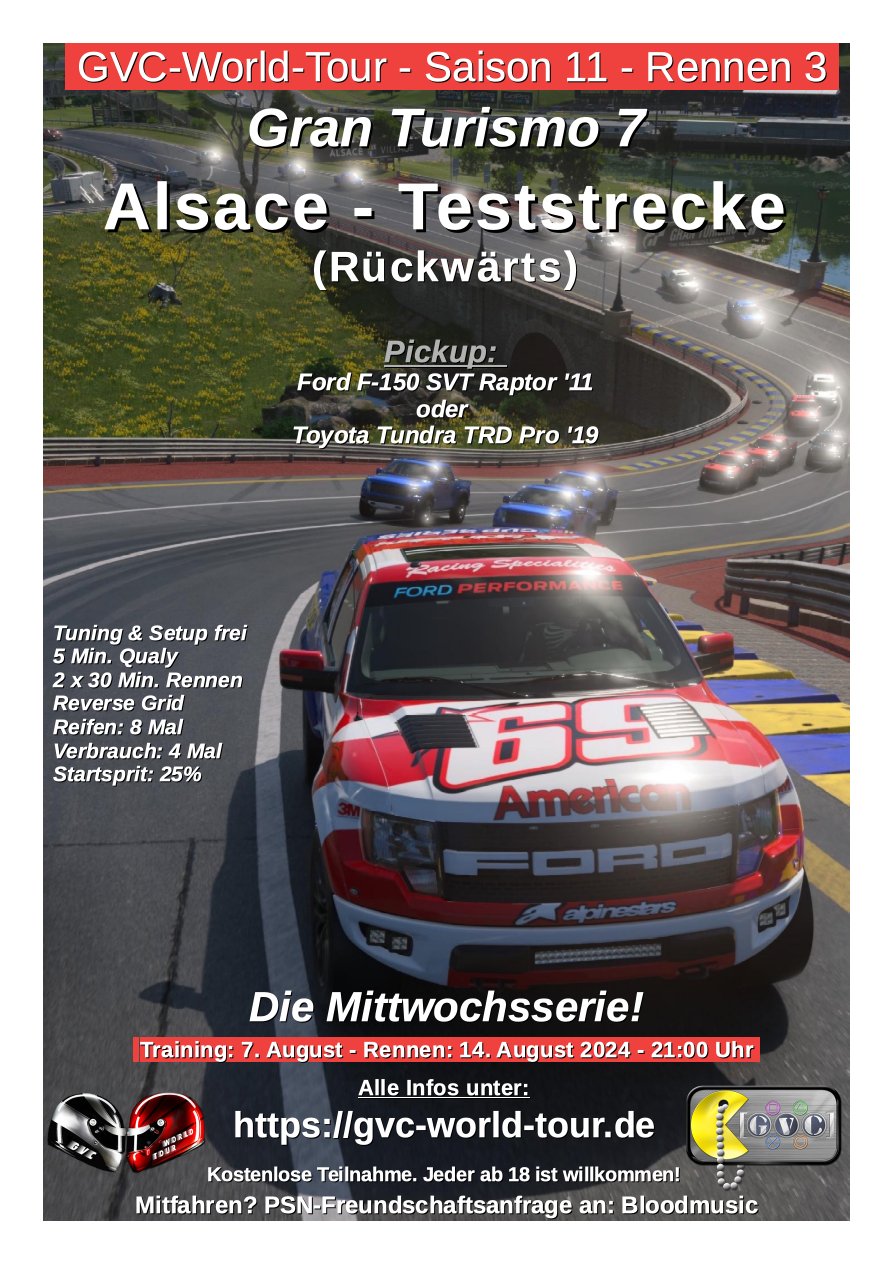 Saison 11 - Rennen 3 - Alsace - Teststrecke (rückwärts) - Pickup: Ford F-150 SVT Raptor '11, oder Toyota Tundra TRD Pro '19